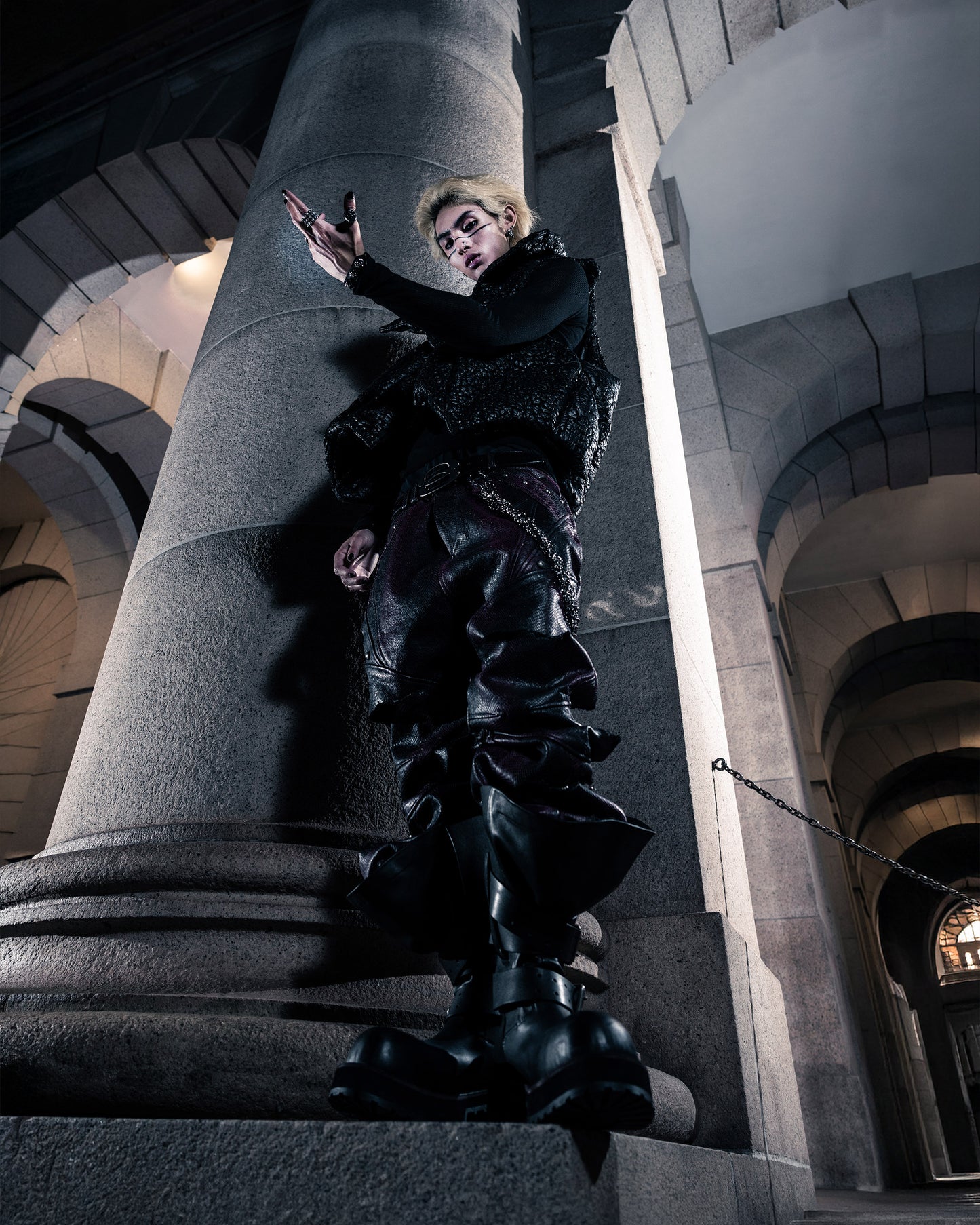 SSN V.05 SNAKE SKIN DENIM DISTRESSED FLARED PANTS - BLACK (PRE-ORDER)