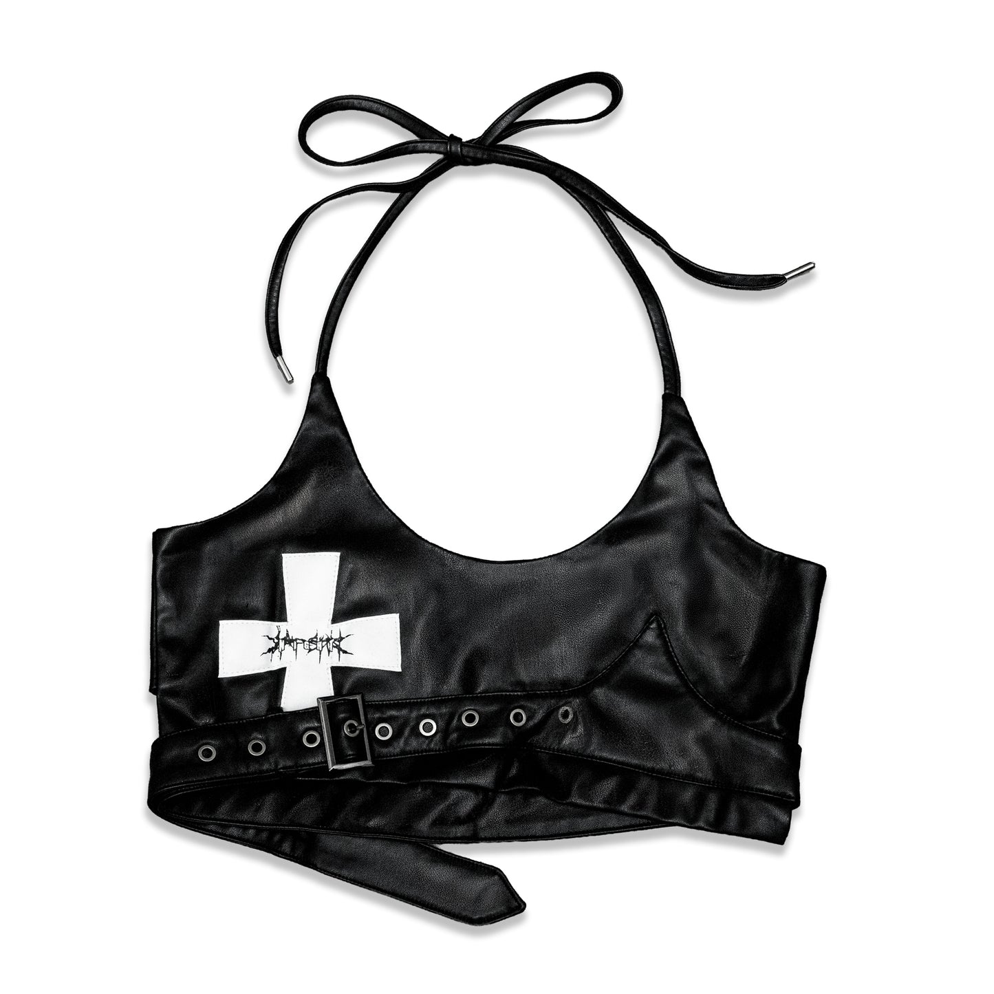 <LOST IN CASTLE> LEATHER HALTER TOP - BLACK