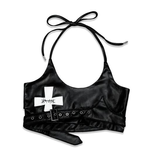 <LOST IN CASTLE> LEATHER HALTER TOP - BLACK