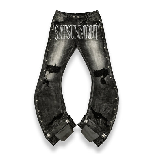 <LOST IN CASTLE> CURVED DENIM PANTS - WASHED BLACK
