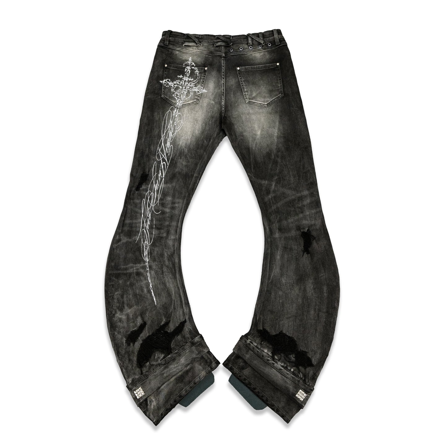 <LOST IN CASTLE> CURVED DENIM PANTS - WASHED BLACK