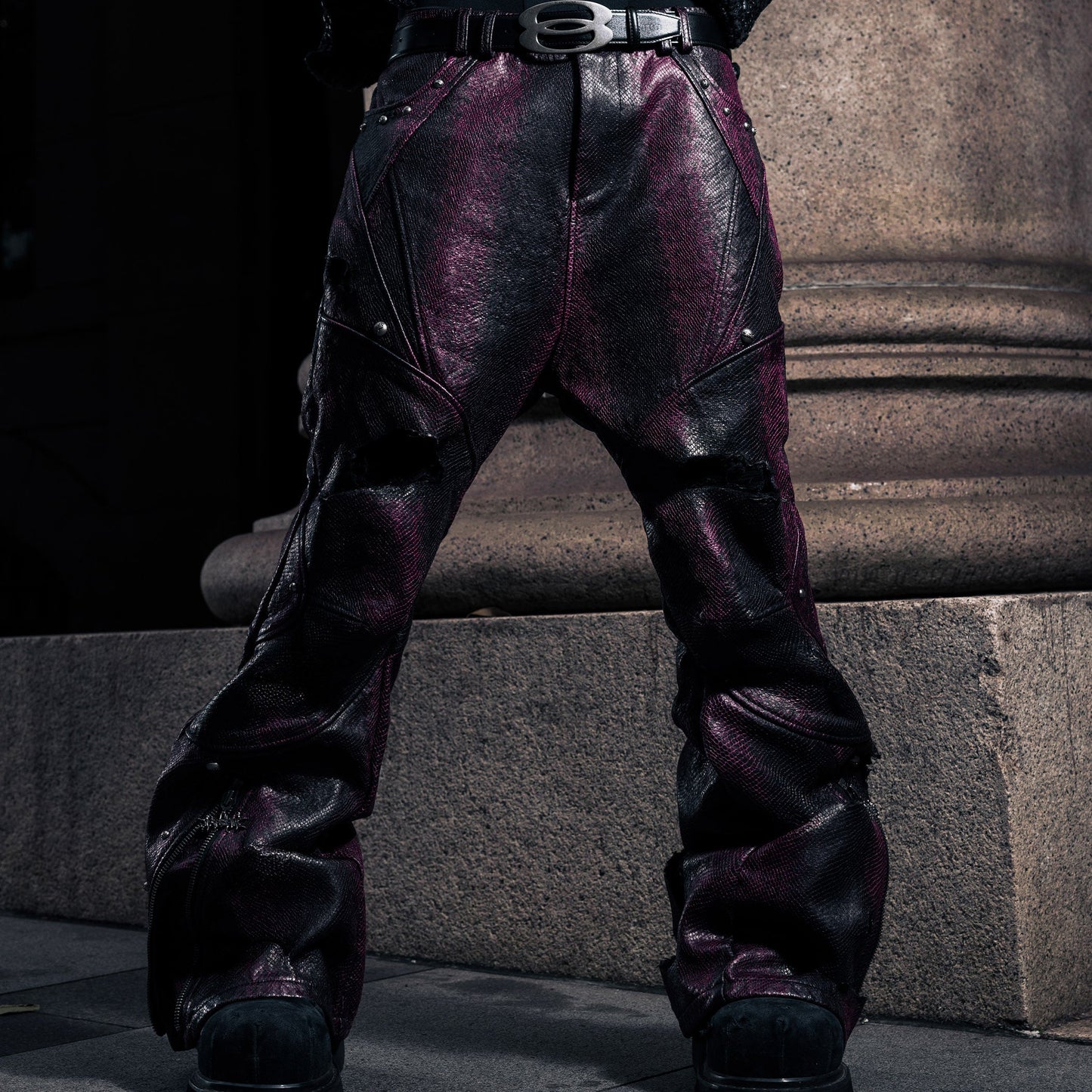 SSN V.05 SNAKE SKIN DENIM DISTRESSED FLARED PANTS - DARK RED (PRE-ORDER)