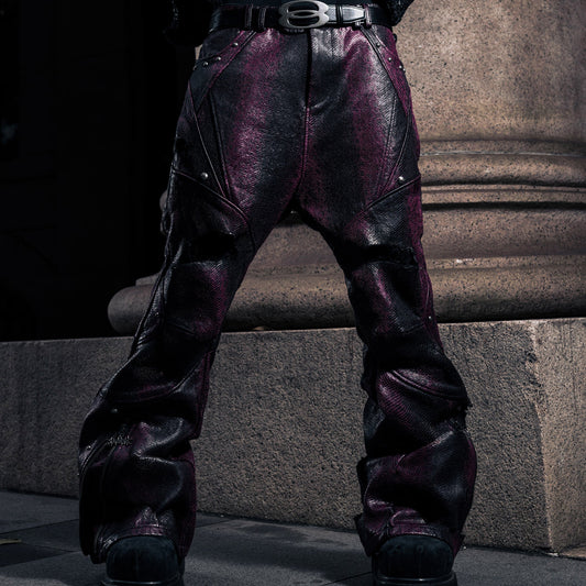 SSN V.05 SNAKE SKIN DENIM DISTRESSED FLARED PANTS - DARK RED (PRE-ORDER)