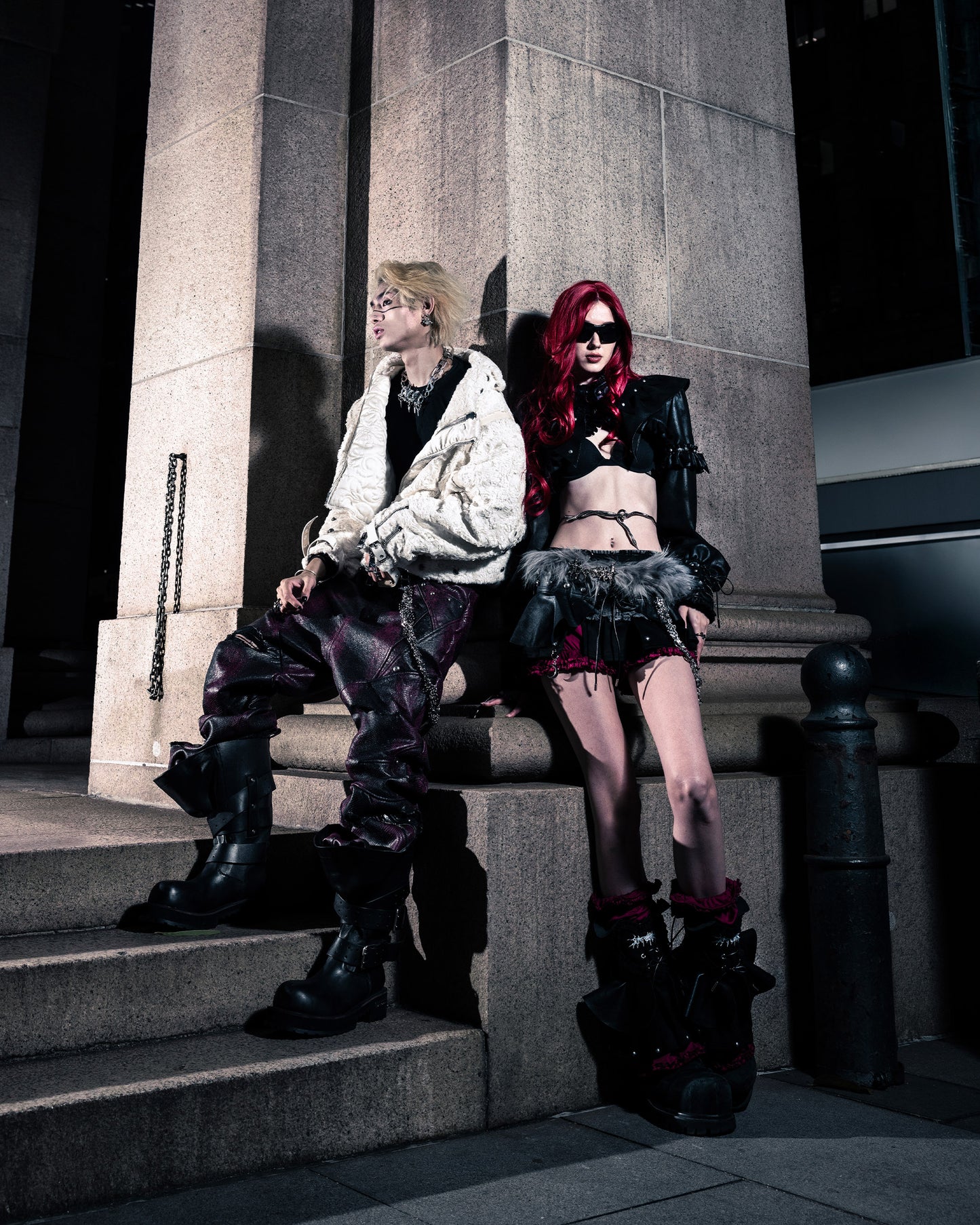 SSN V.05 SNAKE SKIN DENIM DISTRESSED FLARED PANTS - DARK RED (PRE-ORDER)