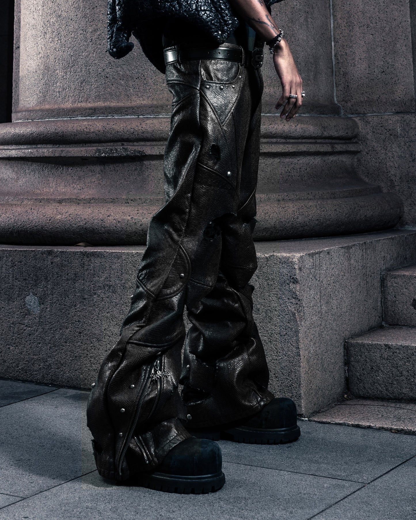 SSN V.05 SNAKE SKIN DENIM DISTRESSED FLARED PANTS - BLACK (PRE-ORDER)