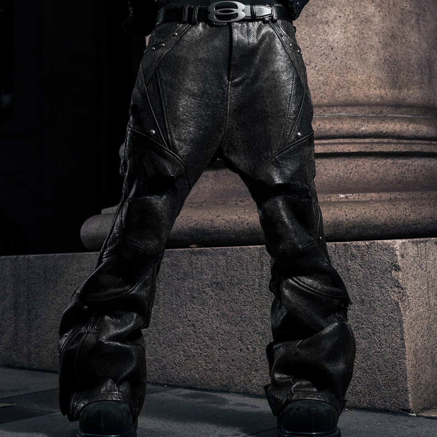 SSN V.05 SNAKE SKIN DENIM DISTRESSED FLARED PANTS - BLACK (PRE-ORDER)