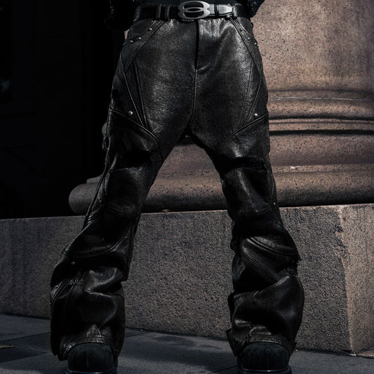 SSN V.05 SNAKE SKIN DENIM DISTRESSED FLARED PANTS - BLACK (PRE-ORDER)