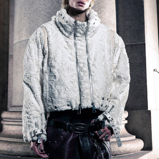 DOUBLE SLIDERS & DOUBLE ZIPPER BEIGE FLEECE JACKET (PRE-ORDER,LIMITED)