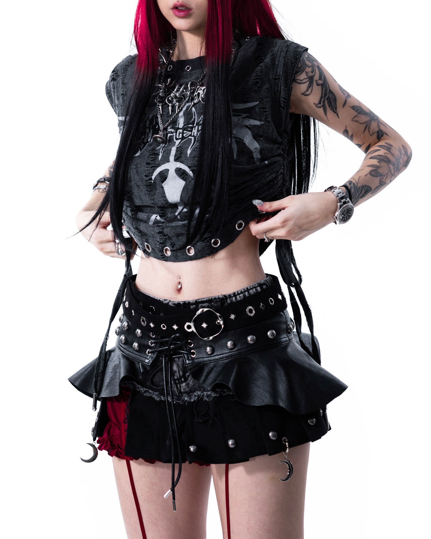 KURO FOUR-LAYERS MINI SKIRT & BELT - BLACK (PRE-ORDER)