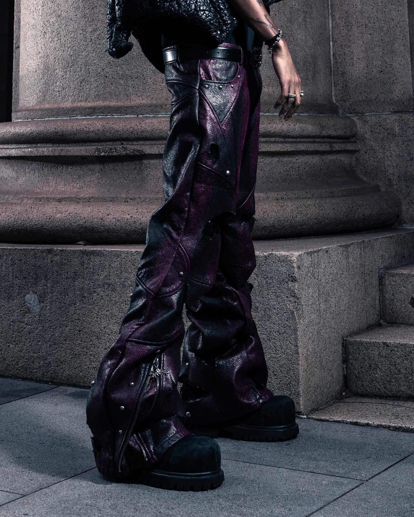 SSN V.05 SNAKE SKIN DENIM DISTRESSED FLARED PANTS - DARK RED (PRE-ORDER)