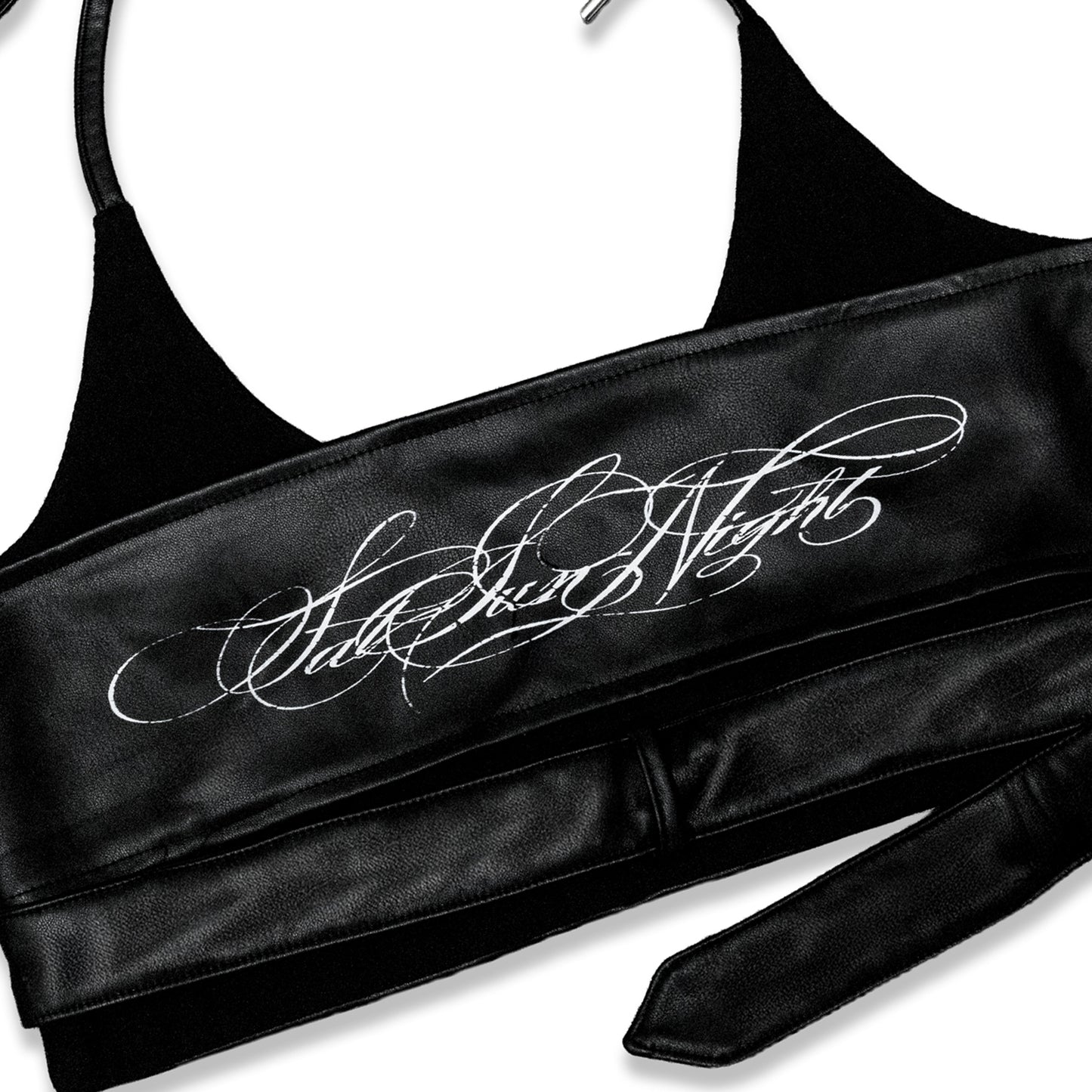 <LOST IN CASTLE> LEATHER HALTER TOP - BLACK